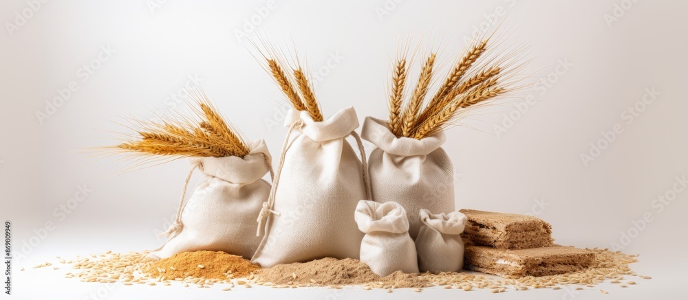 Poster white background with copy space image featuring bags filled with wheat flour.