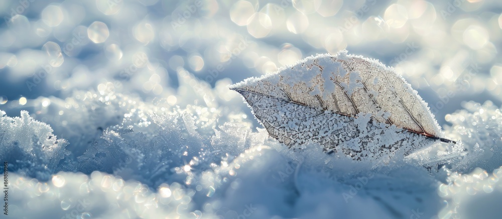 Poster A beautiful close-up winter image with a leaf covered by snow and ice, highlighting the texture and small white ice grains on the ground - perfect for a copy space image.