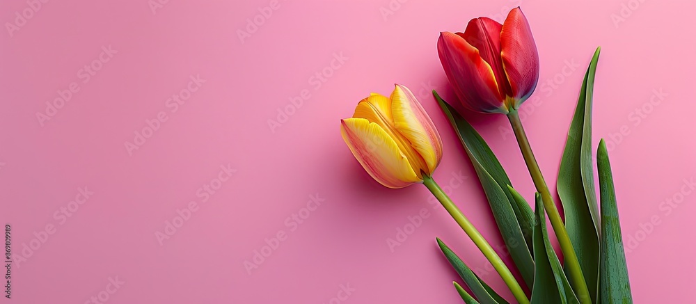 Poster Spring flowers art with a creative layout featuring red and yellow tulip on a gradient pink background, forming a minimal nature composition with copy space image.