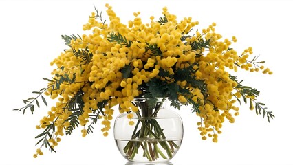 Bouquet of yellow mimosa flowers in a transparent vase on a white background