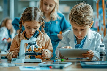 Exploring Science in Elementary School Kids Investigating with Microscope and Tablet Teacher Supervising