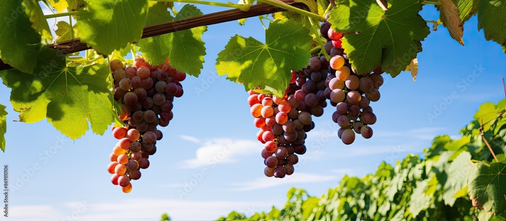 Poster cluster of grapes on the vine with lush green leaves, against a backdrop of clear blue sky, ideal fo