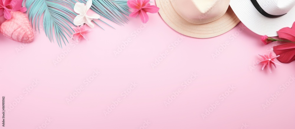 Poster top view of summer beach accessories on a pastel pink backdrop, creating a stylish flat lay for trop