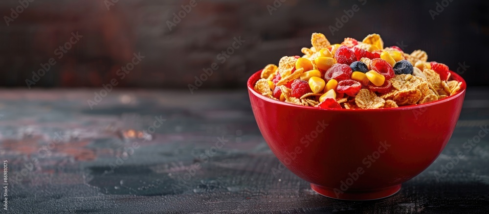 Poster red bowl holds cereal flakes with copy space image for breakfast concept. the tasty cereal features 