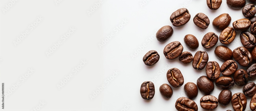 Poster close-up of roasted coffee beans on a white background with copy space image.