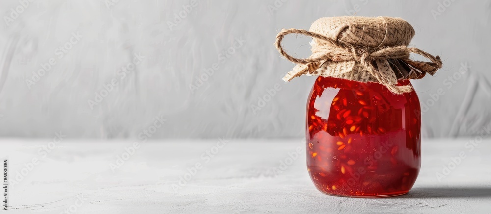 Aufkleber Red jam jar on a white backdrop with ample copy space image.