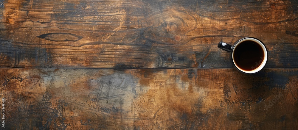 Poster Wooden table with black coffee providing a textured abstract background and room for text in a copy space image.