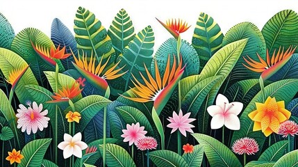   A stunning painting of lush tropical foliage and vibrant blooms against a pristine white backdrop, featuring green leaves and captivating pink and yellow blossoms