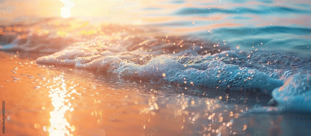 Poster beautiful sunset view over the sea with sparkling waves on the sandy beach on a sunny summer day, cr