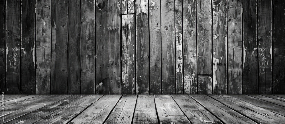 Poster vintage wooden background in black and white shades with open space for text, showcasing a rustic ba