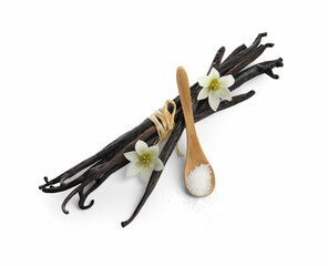 Vanilla pods, spoon with sugar and flowers isolated on white, top view