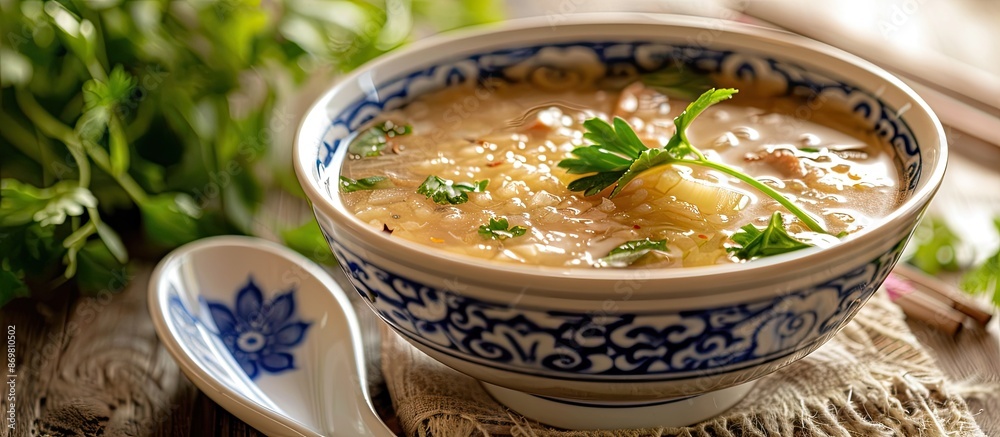 Poster A bowl of Chinese soup displayed on a table with a traditional spoon, creating an appealing visual with a copy space image.