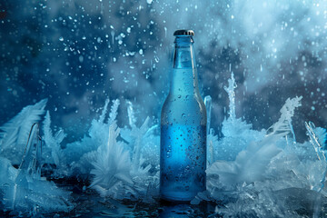 A Chilled Beer Bottle Standing on a Frozen Surface with Ice Crystals and Snowflakes in a Mystical Blue Scene
