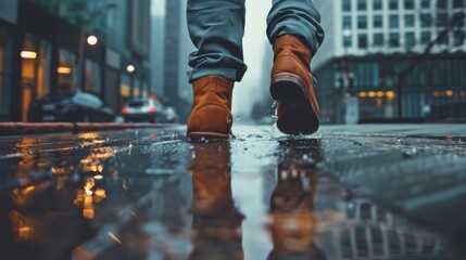 Fototapeta premium Walking through city rain. Person in brown boots walking through puddles on a city street after the rain.