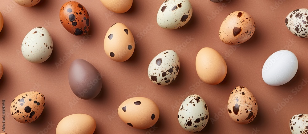 Aufkleber Brown background showcases creative quail egg pattern with vibrant Easter concept. Colorful eggs on display with copy space image for a unique and healthy breakfast presentation.