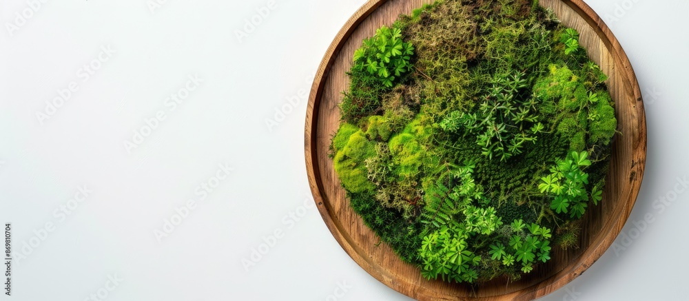 Poster top view of a wooden pizza platter covered in green moss against a white background, ideal for susta