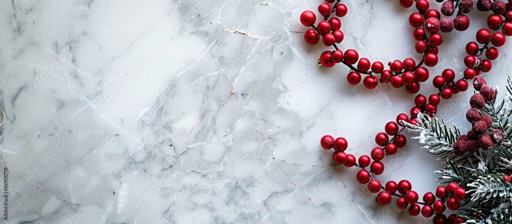 Aufkleber a festive christmas frame featuring a string of red beads on a sleek marble background, viewed from 