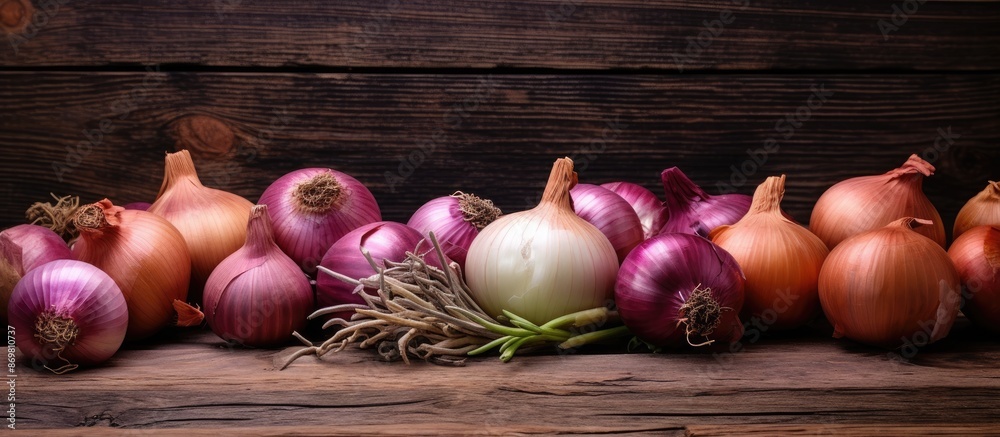 Aufkleber Onions arranged on a rustic wooden table with a weathered look, surrounded by a copy space image.