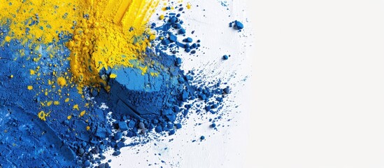 Blue and yellow powder close-up with a white circle on a white background, ideal as a copy space image for illustrating the Holi festival and Hindu cultural celebrations.