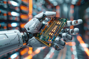 Cutting-Edge Robot Arm Showcasing Modern Computer Processor in Futuristic Animation CPU Digitizing Data and Transmitting Power Lines with Computer Vision