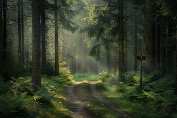 Fototapeta premium A Serene Forest Path Illuminated by Soft Diffuse Light with Tall Trees and Lush Ferns Along a Dirt Trail