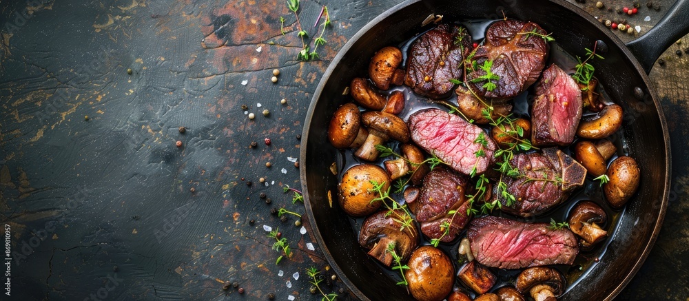 Poster Venison fillet, roasted with thyme and garlic mushrooms, presented in a skillet against a rustic backdrop with copy space image.