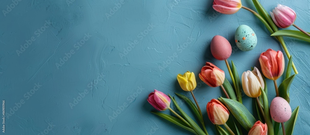 Poster easter-themed mockup featuring a tulip arrangement alongside colored eggs, viewed from above with co