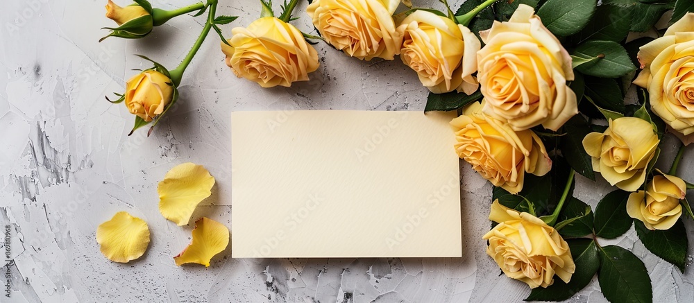 Poster yellow roses adorning a blank card set against a light grey background in a flat lay composition wit