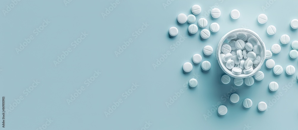 Aufkleber White pills scattered from a container on a light blue backdrop. Simple medical theme with a top-down view for easy customization, with space for further additions in the image.