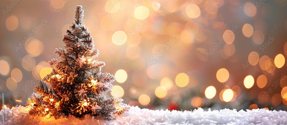 Poster Snow-covered fir tree decorated for Christmas with a magical light bokeh backdrop, creating a charming scene with room for your holiday wishes in the copy space image.