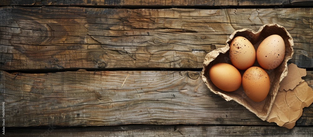 Aufkleber Wooden textured background featuring two eggs accompanied by a paper heart with copy space image.