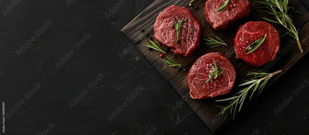 Poster fresh filet mignon steaks with rosemary on a wooden board over a black background. organic ingredien