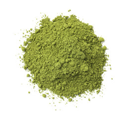 Pile of green matcha powder isolated on white, top view