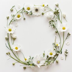 White flowers arranged in a circular frame on a white surface