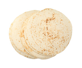 Many tasty homemade tortillas isolated on white, top view