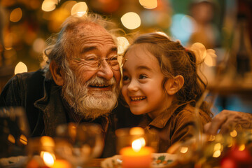 Multicultural Christmas Tales Grandfather's Hilarious Stories at Festive Dinner Party with Diverse Family and Friends