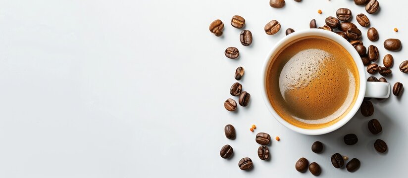 On a white background, a coffee cup and coffee beans arranged elegantly providing copy space image.