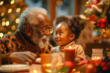 Multicultural Festive Dinner Grandfather's Hilarious Childhood Tales Entertain Young Granddaughter at Christmas Table