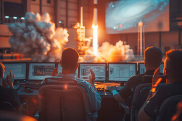 Triumphant Space Rocket Launch Mission Control Team Cheers as Crewed Mission Takes Off