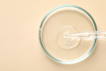 Glass pipette and petri dish with liquid on beige background, top view. Space for text