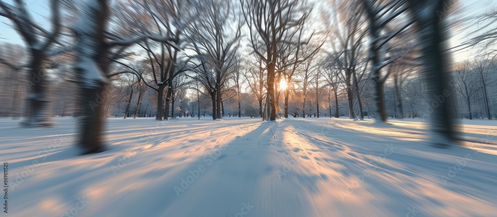 Aufkleber Winter park scenery with trees appears blurry in the copy space image.