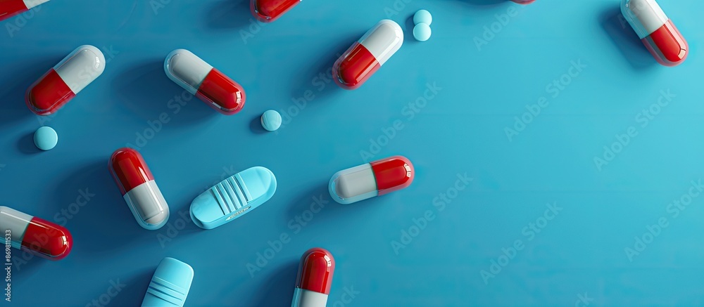 Poster Isolated medicine pills on a blue backdrop create a healthcare concept with a design element. Featuring selective focus, the image includes copy space.