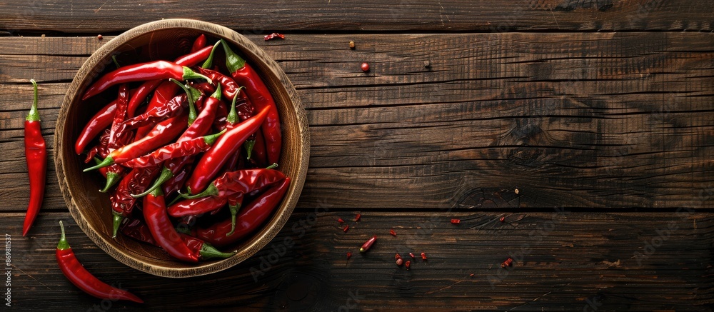 Poster aerial view of spicy red peppers in bowl on wooden surface with space for text or images.