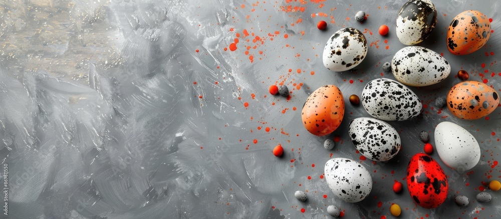Aufkleber Quail eggs painted for Easter displayed on a textured concrete background with copy space image available.