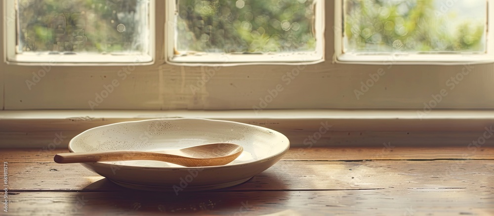 Poster an empty plate, along with a wooden spoon and fork, rests on a brown wooden table by a window with a