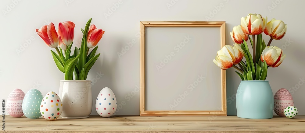 Leinwandbilder tulip flowers and easter eggs displayed on a wooden table against a light wall with an empty picture