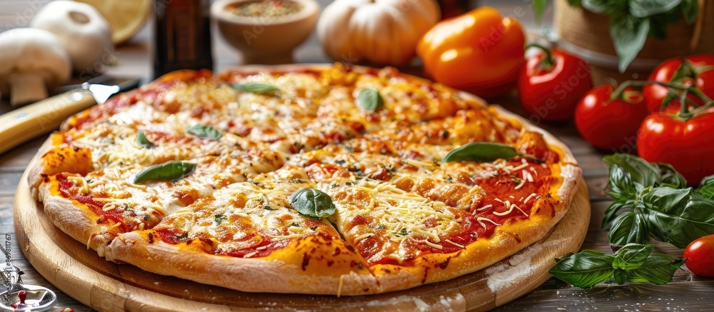 Aufkleber italian pizza with cheese and vegetables on a table, displayed in a mouthwatering copy space image.