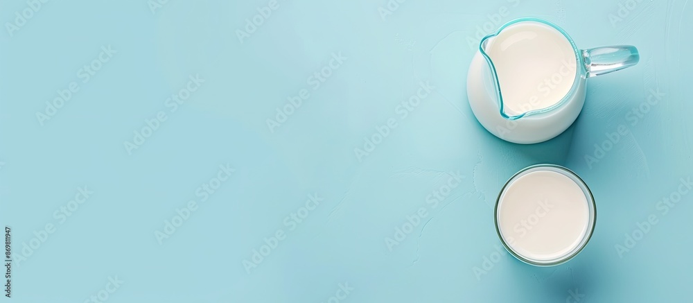 Poster top view of a jug and glass of milk on a blue backdrop with copy space image.