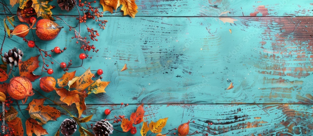 Poster aqua blue distressed wood with autumn decor and leaves for social media and web banners with autumn-