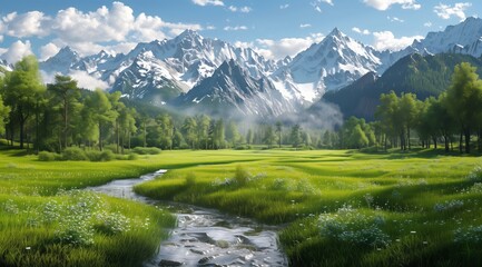Beautiful green meadow with a stream and forest in the background with snow-capped mountains. High resolution photo with high detail in the style of a hyper-realistic painting.